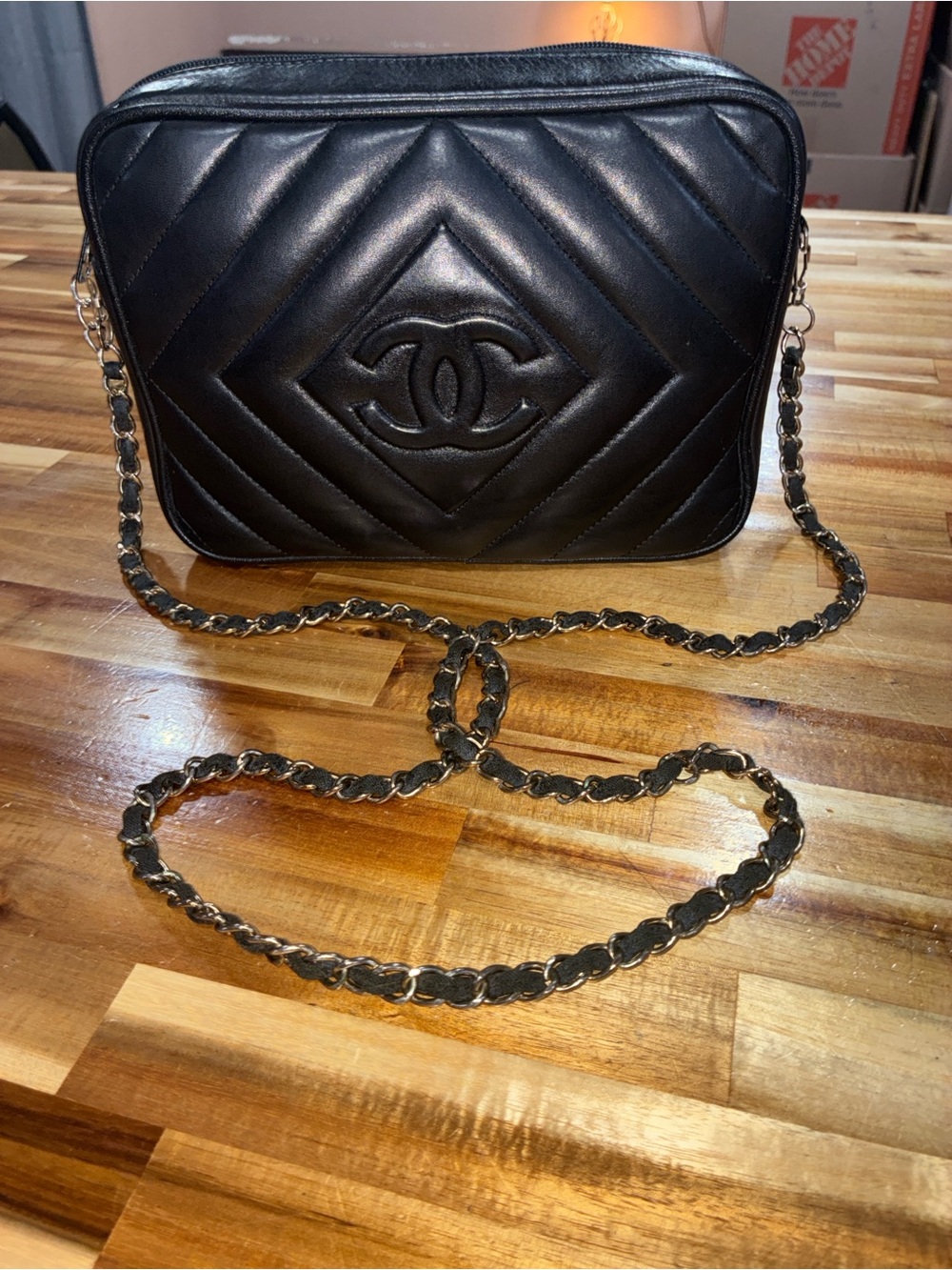 Black Quilted Chevron lamb skin leather Camera Crossbody with Chain Strap